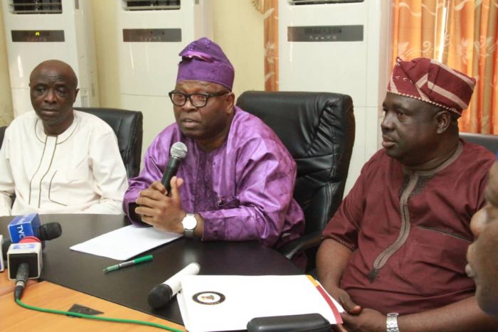 From left, Senator Hosea Agboola, Mr Olalekan Alli and Dr Isaac Ayandele, Leaders of the Oyo State Transition Committee,