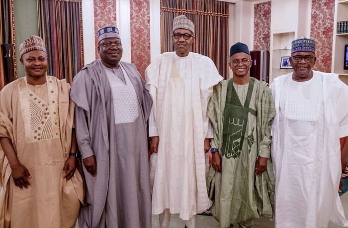 L-R, Uba Sani, Senator Lawan, President Buhari, Gov. El-Rufai and Senator Goje