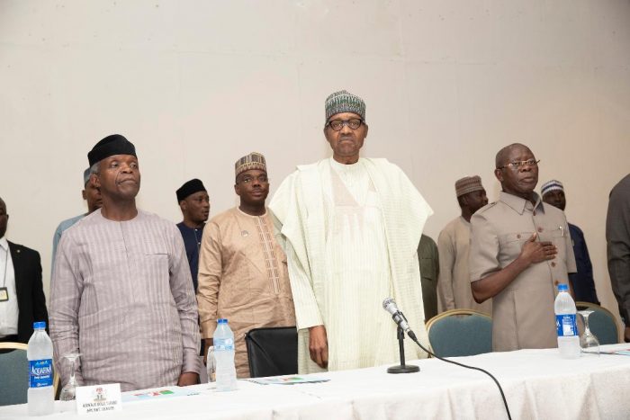 Buhari, Osinbajo, Oshiomhole at the meeting