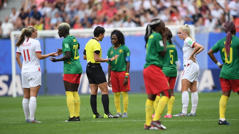 Cameroonian player discuss with Referee over VAR no-goal ruling