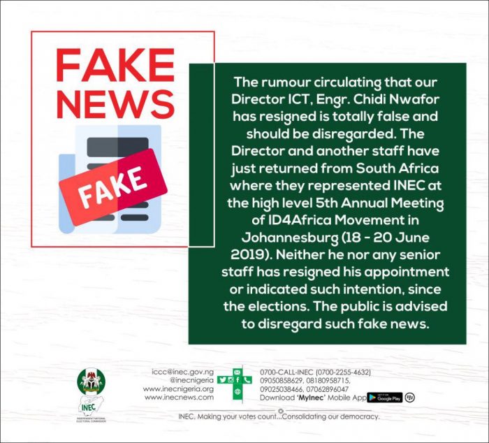 INEC tweet debunking the resignation of Chidi Okafor, head of ICT