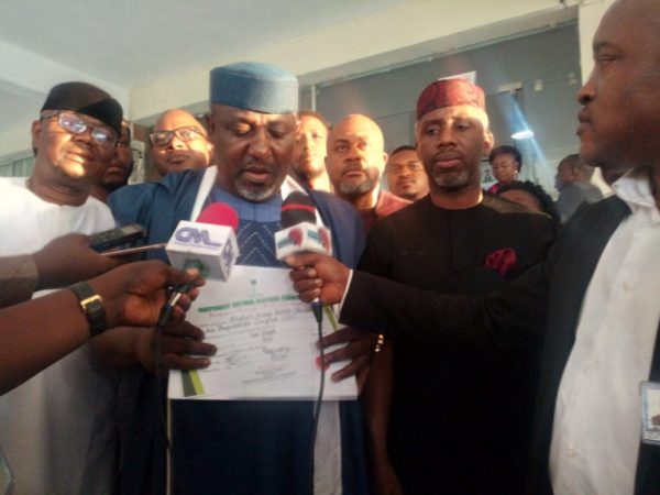 Okorocha with newsmen at INEC headquarters on Tuesday