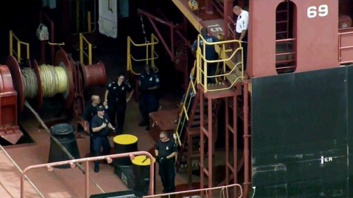 US Drug officials inside the MSC Gayane where cocaine worth over a billion dollars was found