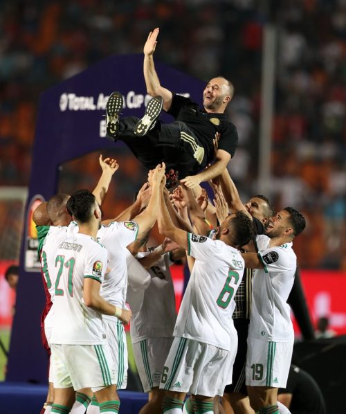 Algerians celebrate their coach Djamel Belmadi