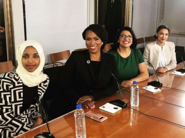 L-R: Ilhan Omar, Ayanna Pressley, Rashida Tlaib, and Alexandria Ocasio-Cortez