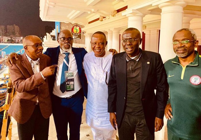 The FG delegation to Alexandria: Governor of CBN Godwin Emefiele, NFF boss Amaju Pinnick, Captain Hosa Okunboh, Governor Babajide Sanwo-Olu and Speaker House of Reps, Femi Gbajabiamila