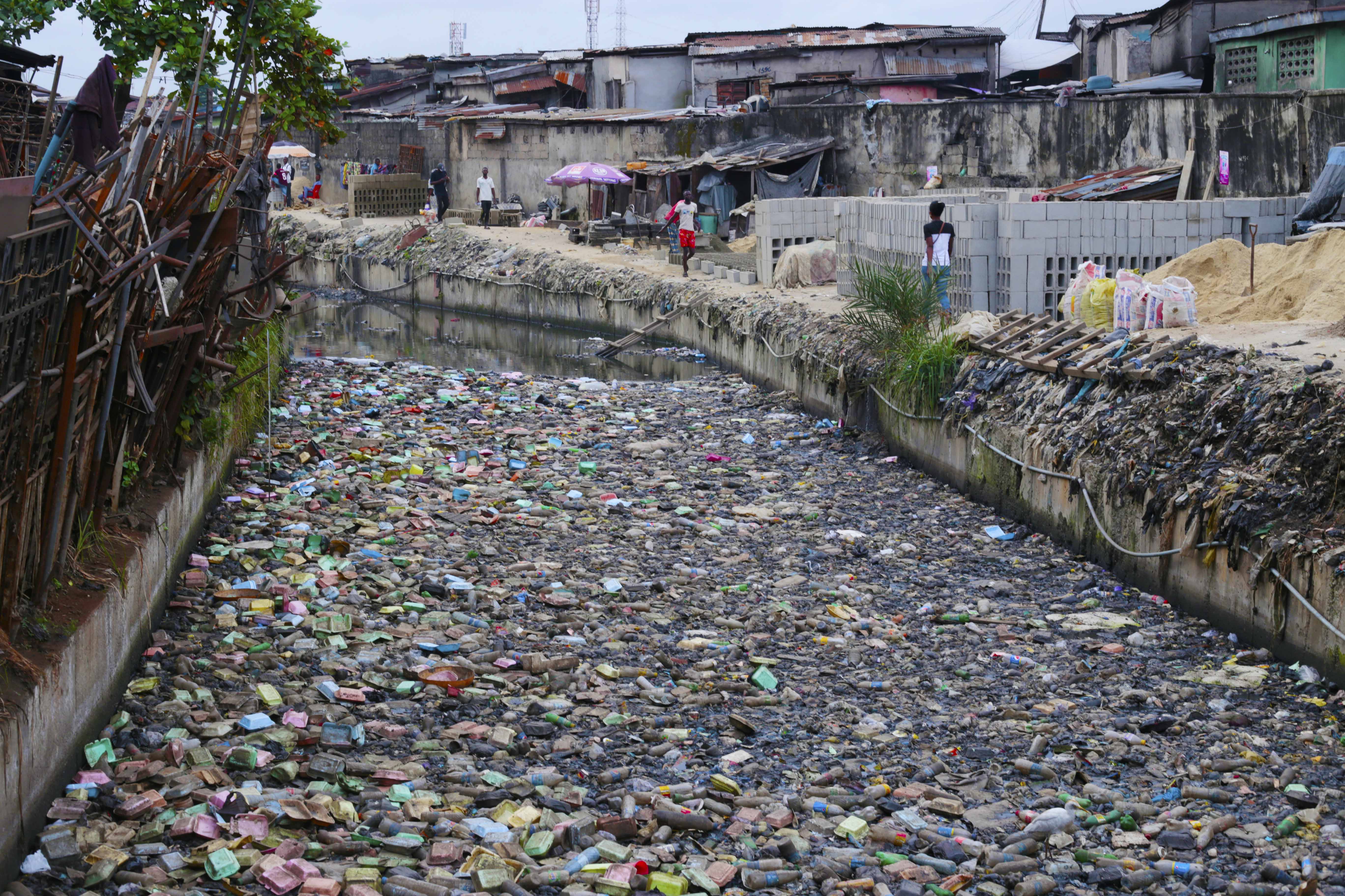 A drainage in Adeniji Adele, full of Plastic waste