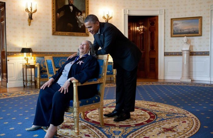 Obama sharing a hearty joke with Toni Morrison