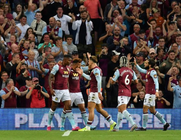 Aston Villa’s Wesley, left celebrate his goal