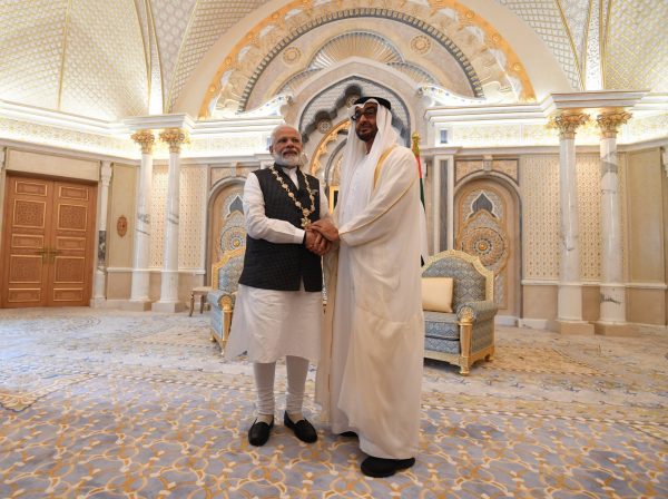 Indian Prime Minister Narendra Modi being given UAE’s highest honour by Sheikh Mohammed bin Zayed Al Nahyan