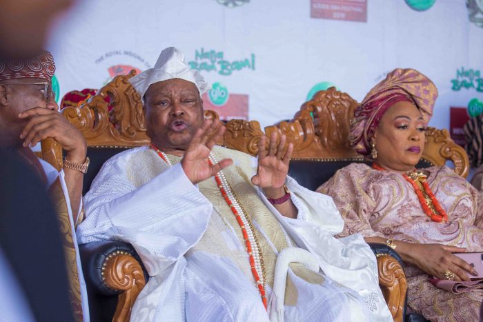 The Awujale Of Ijebu Kingdom, Oba Sikiru Kayode Adetona and his wife at the 2019 Ojude Oba Festival in Ijebu Ode