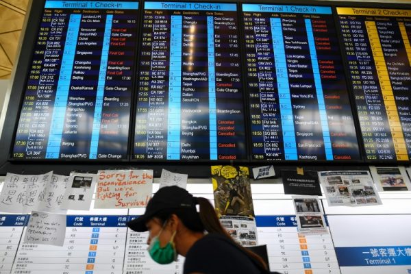 The information board at Hong Kong airport on Monday, showing cancelled flights