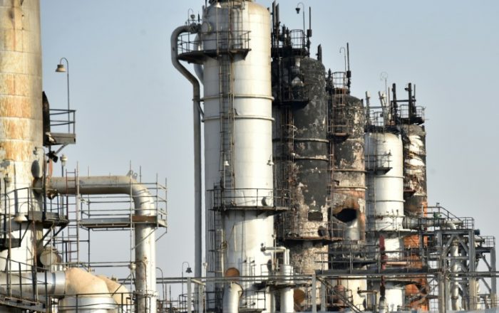 A damaged installation at Saudi’s Abqaiq oil processing plant