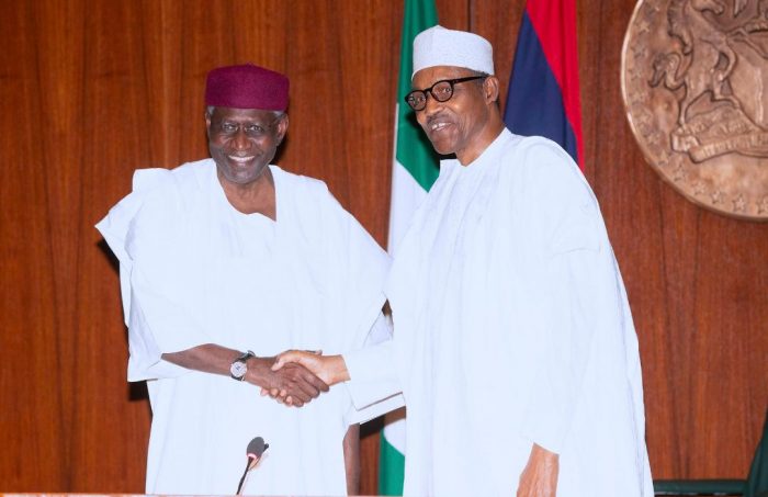 Buhari with Chief of staff Abba Kyari at the meeting with APC governors