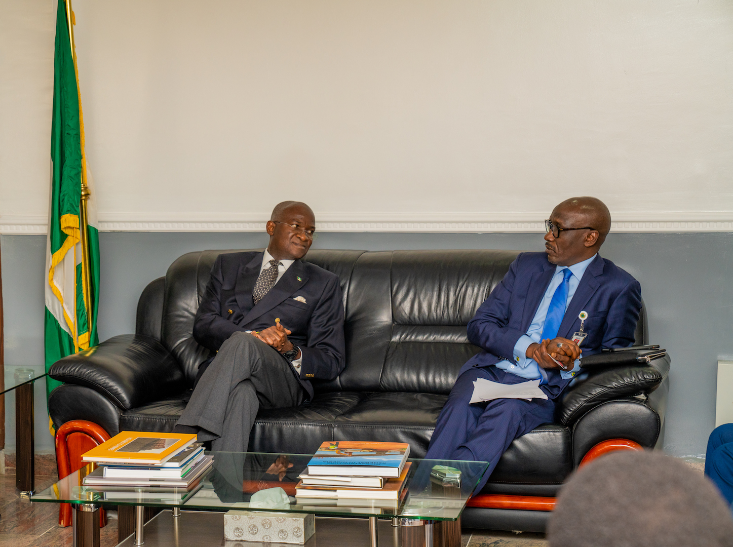 Hon. Minister of Works & Housing, Mr Babatunde Fashola,SAN (left) and Group Managing Director, Nigerian National Petroleum Corporation (NNPC), Mr Mele Kolo Kyari (right) during a courtesy visit and meeting to discuss issues relating to improvement of service delivery to citizens at the Minister’s Office, Ministry of Works & Housing Headquarters, Mabushi, Abuja on Monday,  23rd September 2019.