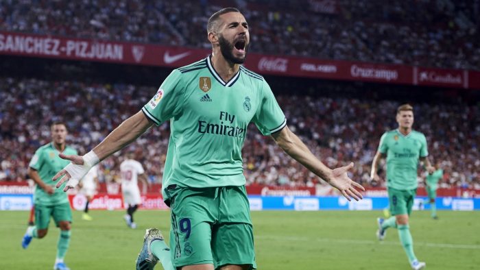 Karim Benzema for Madrid: scores the only goal of the match in Seville