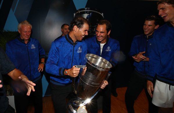 Nadal and Federer with the Laver Cup on Sunday