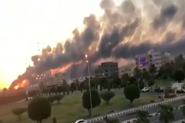One of the oil facilities of Saudi Arabia on fire after being hit by drones