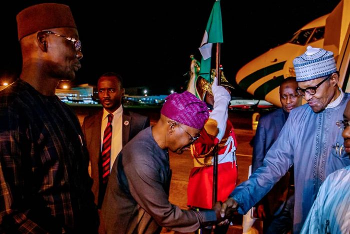 President Buhari and Oyetola on arrival at the Airport on Saturday
