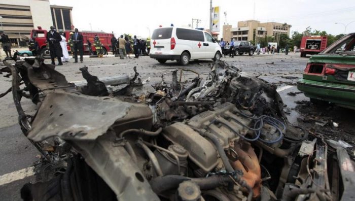 The remains of the bomb blast planted by MEND in Abuja in 2010