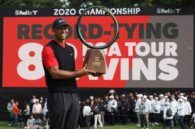 Tiger Woods with his Zozo championship trophy