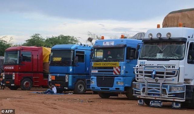 Trucks waiting to enter Nigeria at Maradi in Niger