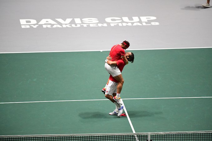 Nadal and Feliciano Lopez after winning the decisive doubles to make the final of Davis Cup