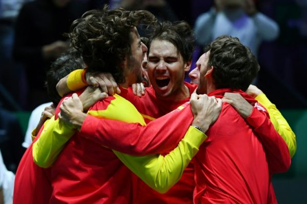Nadal, centre, and team mates celebrate 6th Davis Cup