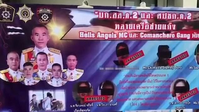 Thai Police poster on those arrested in the drug bust. The Nigerian is pictures middle on top row