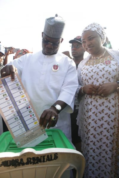Yahaya Bello and wife Amina at the polling unit