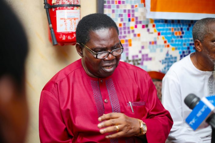 Chief Ebenezer Obey answering questions from journalists at the press briefing during the press briefing for Ariya Eko musical festival held at National Stadium, Surulere, Lagos, earlier today