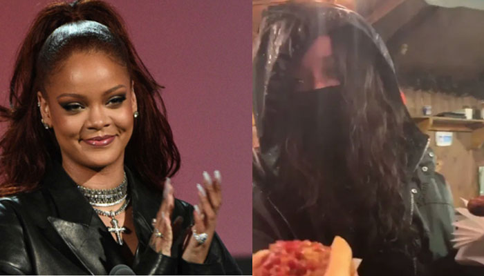 Rihanna, left and right, with a veil in London