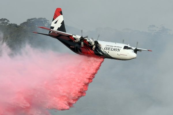 A Coulson Aviation C-130 Hercules dropping fire retardent
