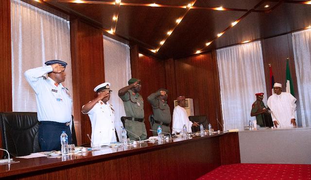 President Buhari meets security chiefs:Photo Sunday Aghaeze