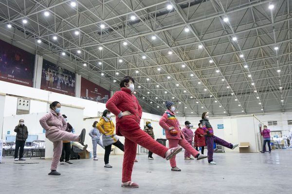 Some Coronavirus patients exercise at a Wuhan hospital. Photo Xinhua