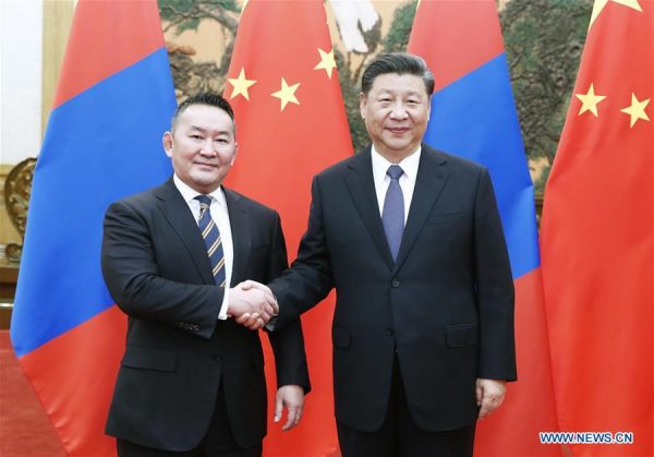 Xi Jinping with with Mongolian President Khaltmaa Battulga at the Great Hall of the People in Beijing,