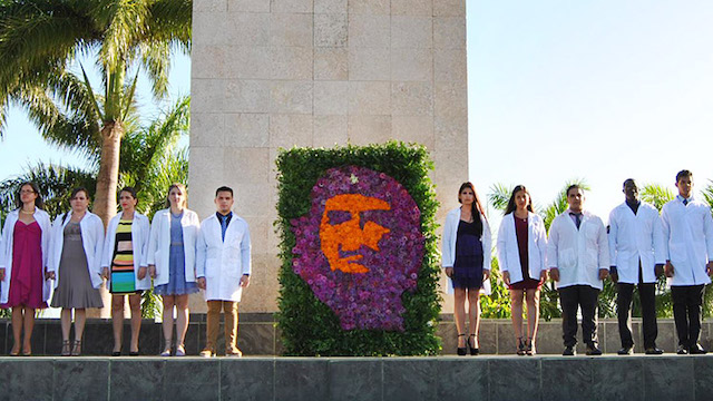Graduates from Cuba’s University of Medical Sciences line up in Santa Clara’s Plaza de la Revolución in Havana