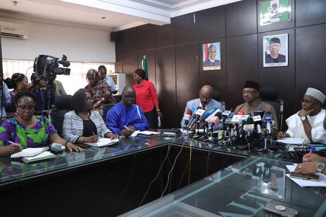 Minister of Health Osagie Ehinare at the press briefing in Abuja