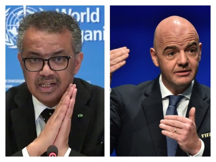 WHO chief Tedros Adhanom Ghebreyesus and FIFA chief Gianni Infantino
