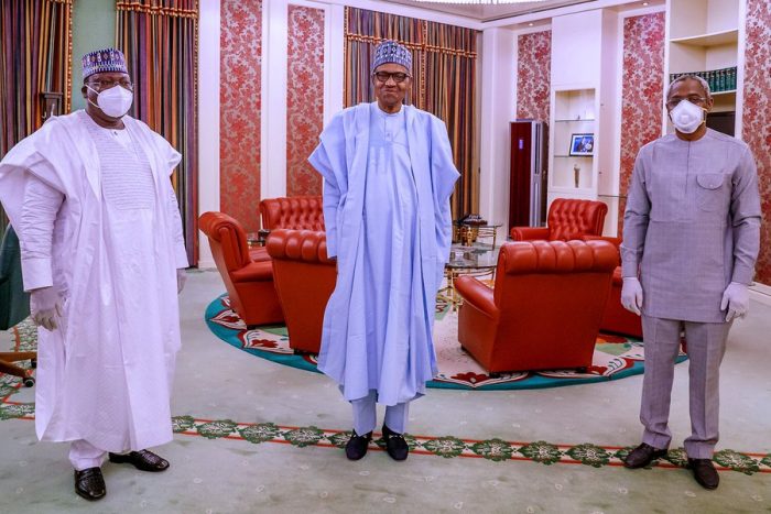 NCDC issues a new advisory on wearing masks: above Senate President Lawan and Speaker Gbajabiamila with President Buhari