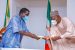 Deputy speaker house of representatives, Ahmed Idris Wase, (right) presenting an undisclosed amount of money to Gov. Simon Lalong of Plateau, on behalf of Plateau caucus at the National Assembly at Government House, Jos, to combat COVID-19.
