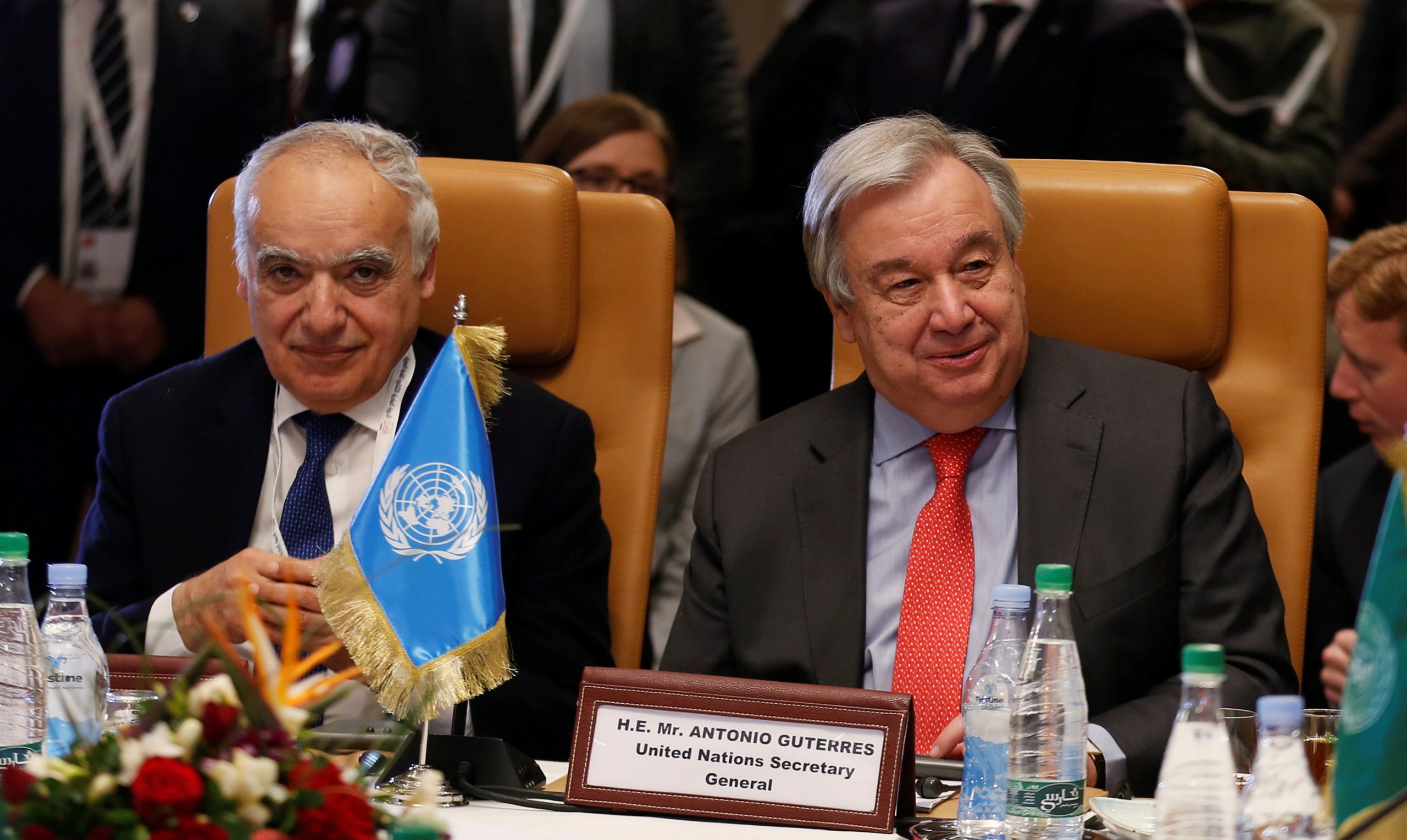 Secretary General of the United Nations Antonio Guterres and the U.N. Envoy for Libya, Ghassan Salame, durring a meeting in Tunis