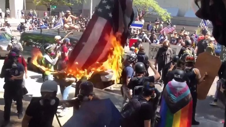 File photo: Flag burning by Portland protesters