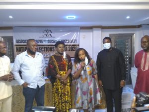 Newly elected National President of AMP, Peace Anyiam-Osiegwu (3R) delivering acceptance speech; clad by other elected Executive members of the association