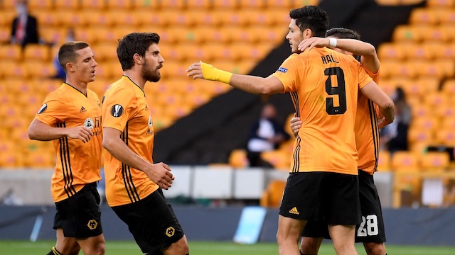 Raul Jimenez of Wolves, right, with team mates on Thursday after beating Olympiacos