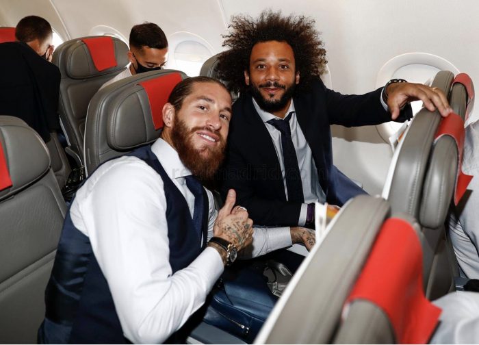 captain Sergio Ramos and Marcello inside the plane