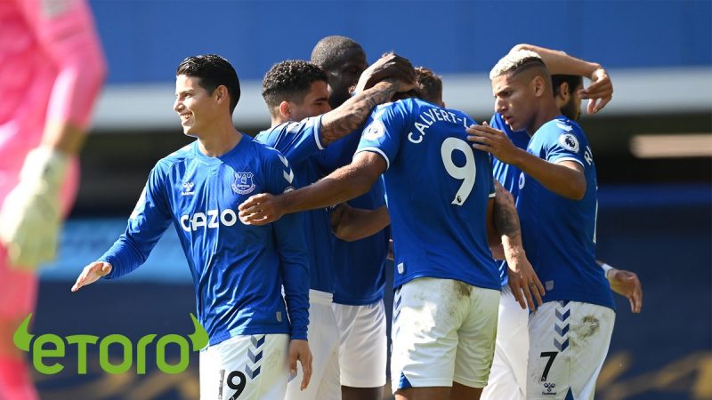 Everton’s hat trick man Calvert Lewin being commended by team mates