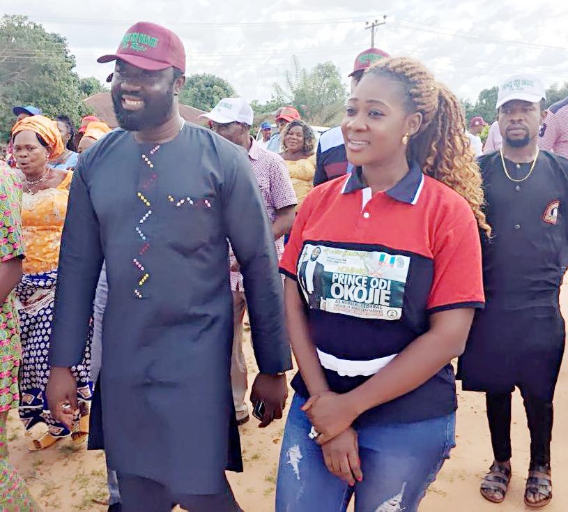Prince Odi Okojie with his wife, Mercy Johnson Okojie at a campaign rally.
