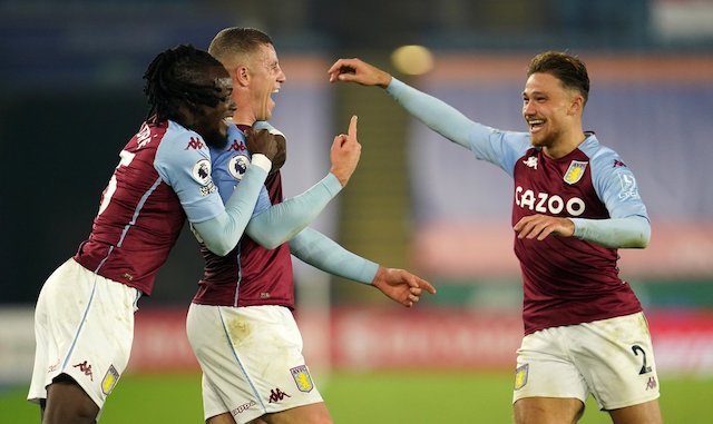 Barkley, middle being congratulated by Aston Villa team mates for scoring the winner