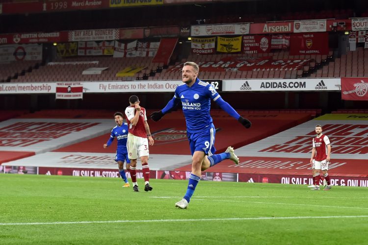 Jamie Vardy after scoring for Leicester against Arsenal